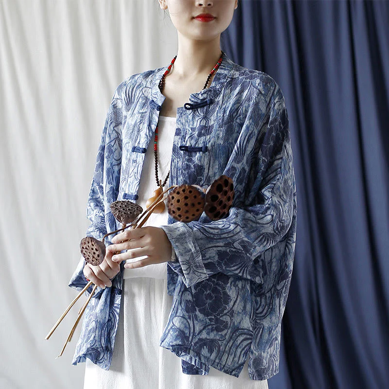 Camicia giacca in lino ramiè a maniche lunghe con motivo a rana, motivo a fiori blu e bianchi, stile retrò Buddha Stones - Image 27