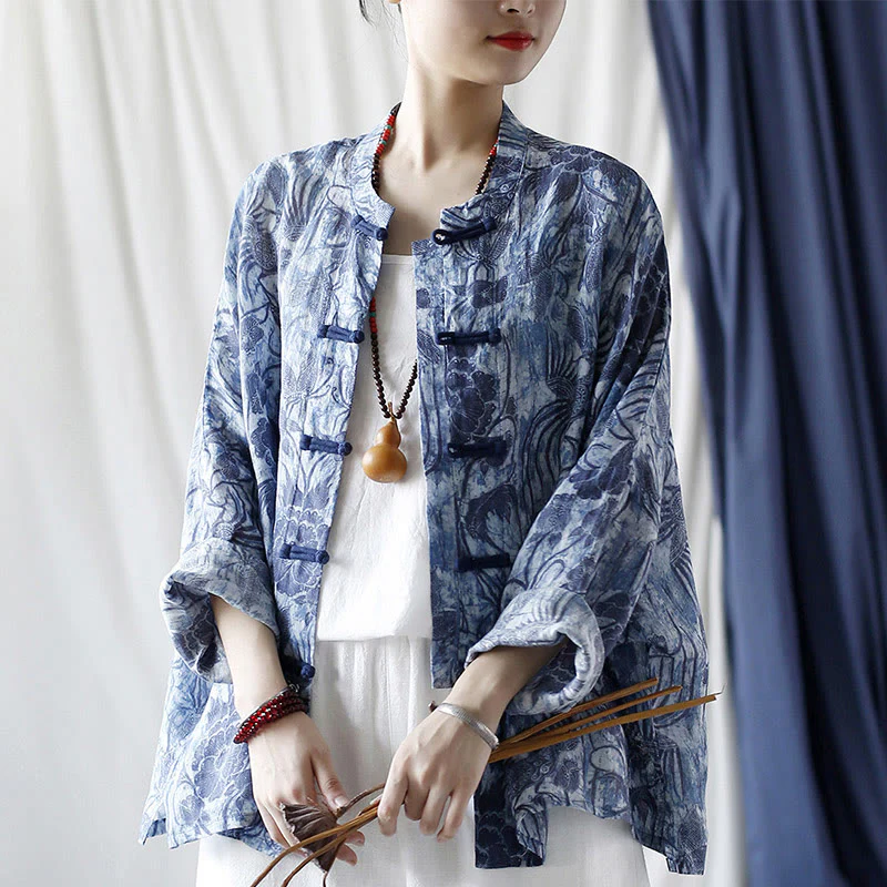 Camicia giacca in lino ramiè a maniche lunghe con motivo a rana, motivo a fiori blu e bianchi, stile retrò Buddha Stones - Image 28