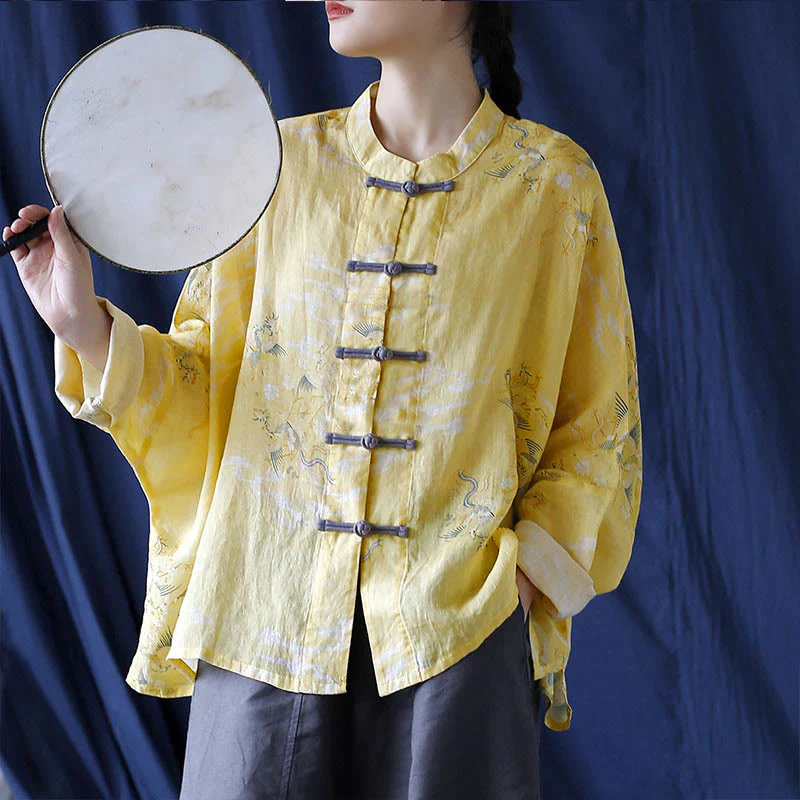 Camicia giacca in lino ramiè a maniche lunghe con stampa fenice gialla Buddha Stones Frog-button design