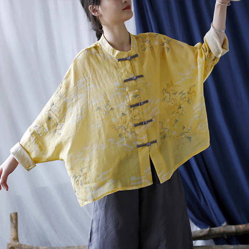 Camicia giacca in lino ramiè a maniche lunghe con stampa fenice gialla Buddha Stones Frog-button design - Image 11