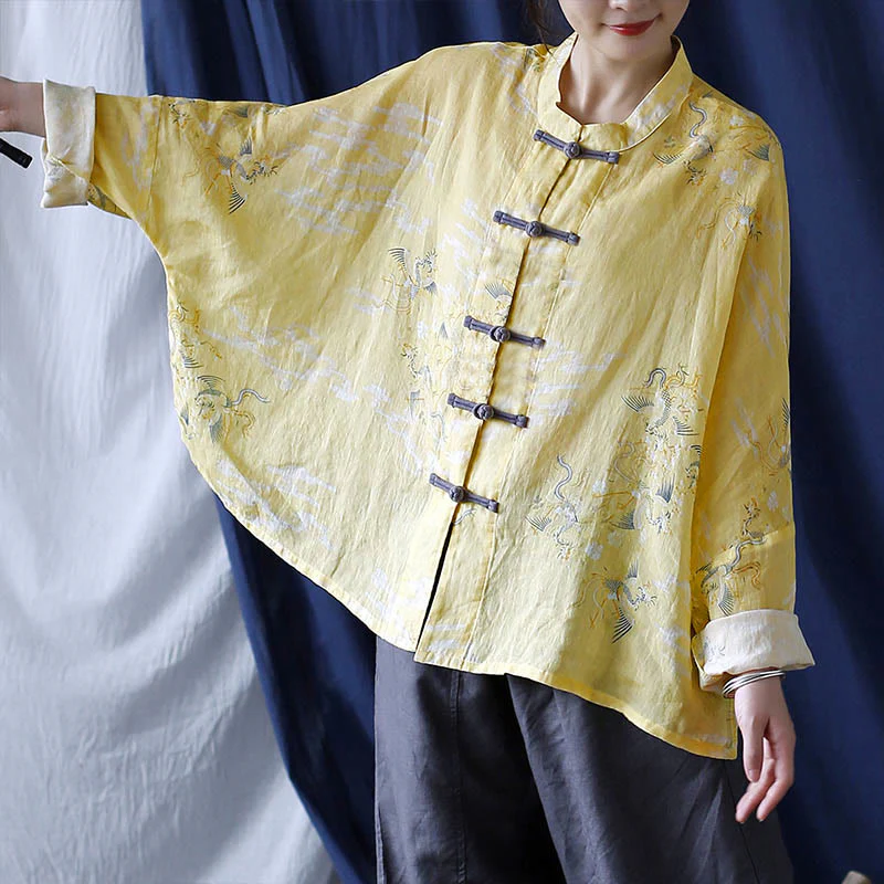 Camicia giacca in lino ramiè a maniche lunghe con stampa fenice gialla Buddha Stones Frog-button design - Image 12