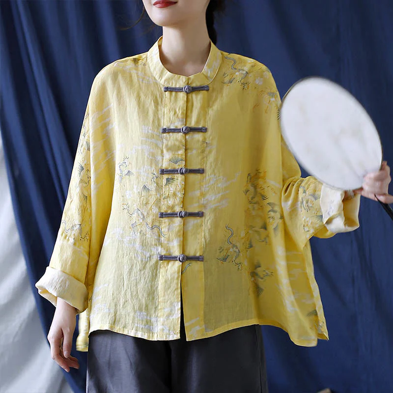 Camicia giacca in lino ramiè a maniche lunghe con stampa fenice gialla Buddha Stones Frog-button design - Image 13