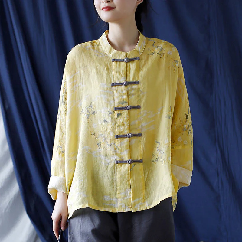 Camicia giacca in lino ramiè a maniche lunghe con stampa fenice gialla Buddha Stones Frog-button design - Image 17