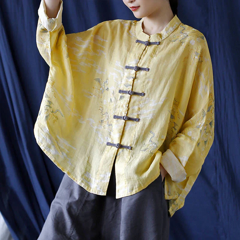 Camicia giacca in lino ramiè a maniche lunghe con stampa fenice gialla Buddha Stones Frog-button design - Image 18