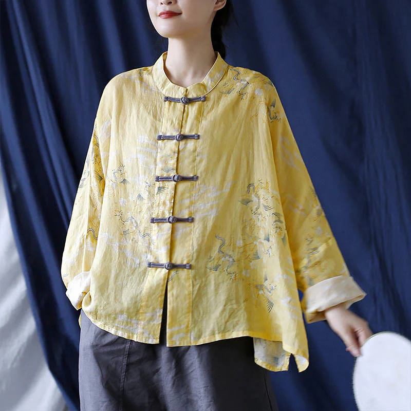 Camicia giacca in lino ramiè a maniche lunghe con stampa fenice gialla Buddha Stones Frog-button design - Image 19