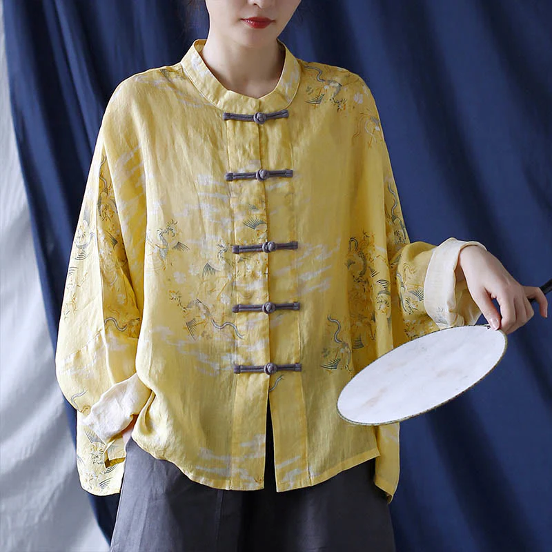 Camicia giacca in lino ramiè a maniche lunghe con stampa fenice gialla Buddha Stones Frog-button design - Image 2