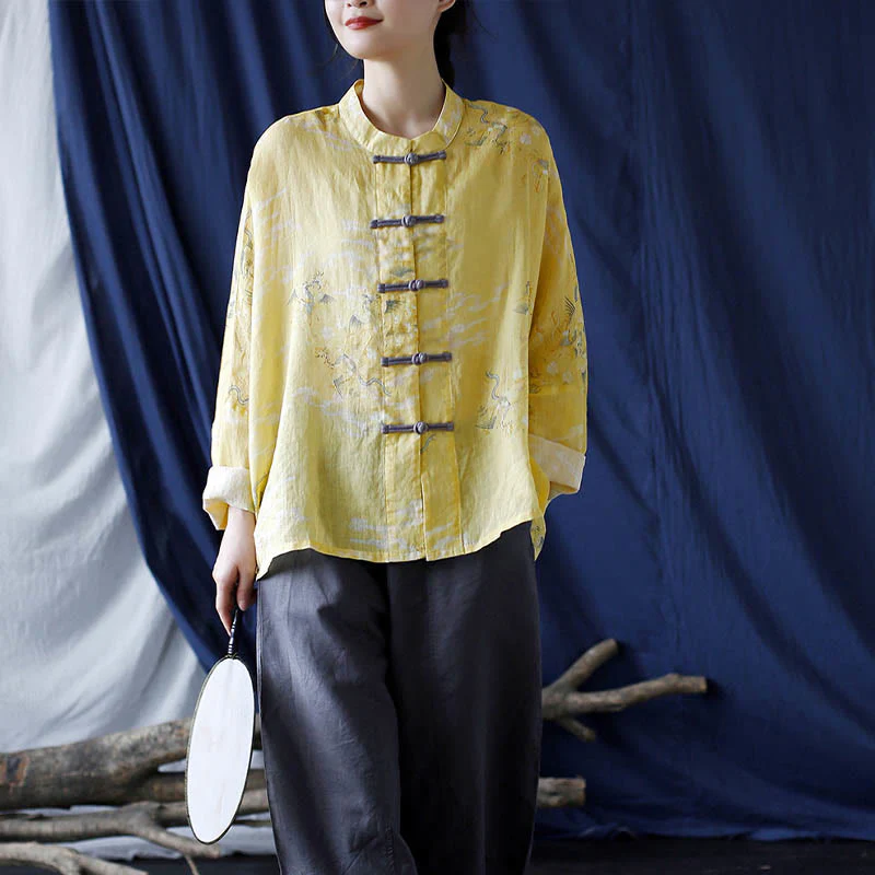 Camicia giacca in lino ramiè a maniche lunghe con stampa fenice gialla Buddha Stones Frog-button design - Image 20