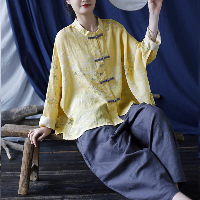 Camicia giacca in lino ramiè a maniche lunghe con stampa fenice gialla Buddha Stones Frog-button design - Image 23