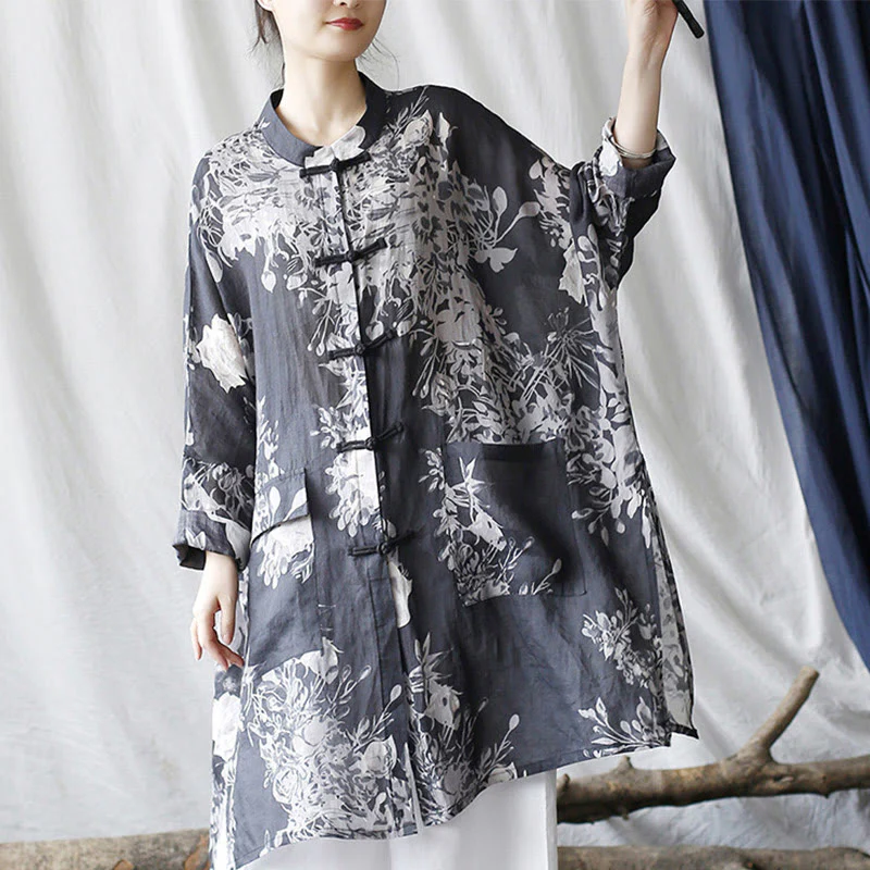 Camicia giacca in lino ramiè con maniche lunghe, bottoni a rana, fiori bianchi blu Buddha Stones con tasche - Image 10