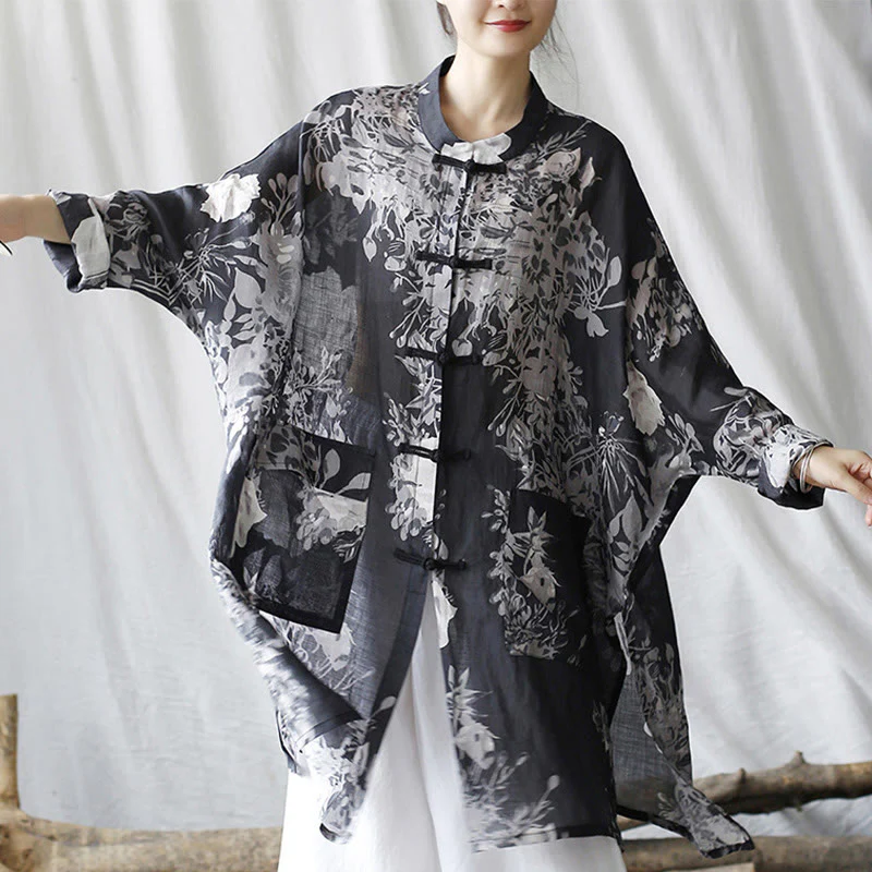Camicia giacca in lino ramiè con maniche lunghe, bottoni a rana, fiori bianchi blu Buddha Stones con tasche - Image 6
