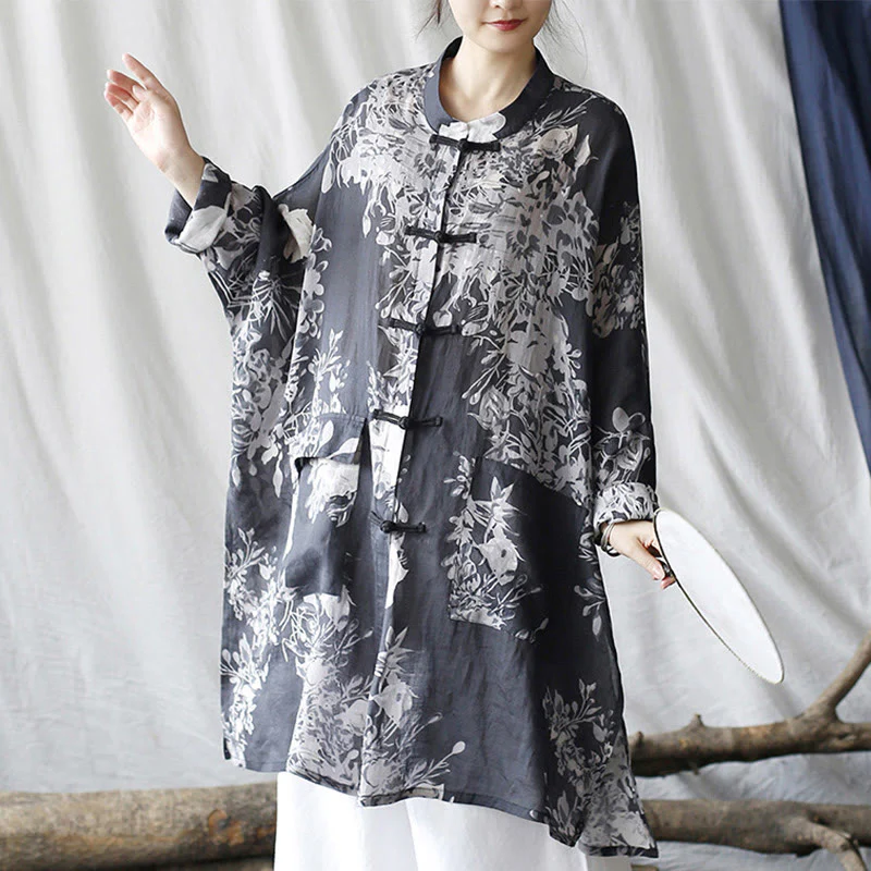 Camicia giacca in lino ramiè con maniche lunghe, bottoni a rana, fiori bianchi blu Buddha Stones con tasche - Image 8