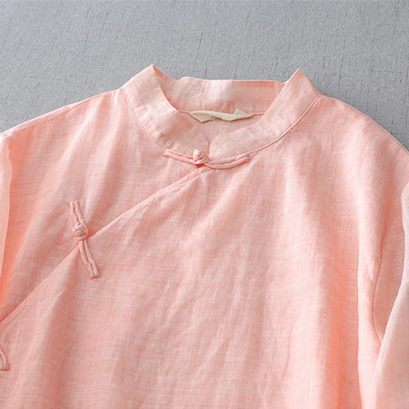 Camicia in cotone e lino a doppio strato con maniche a tre quarti, tinta unita, bottoni a rana, Buddha Stones - Image 20