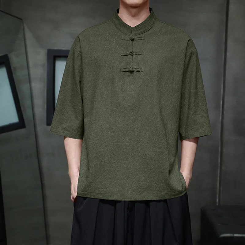 Camicia in cotone e lino a mezza manica con bottoni cinesi a forma di rana da uomo Buddha Stones