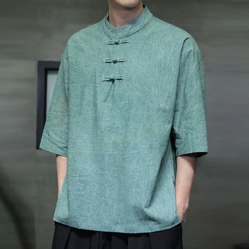 Camicia in cotone e lino a mezza manica con bottoni cinesi a forma di rana da uomo Buddha Stones - Image 11