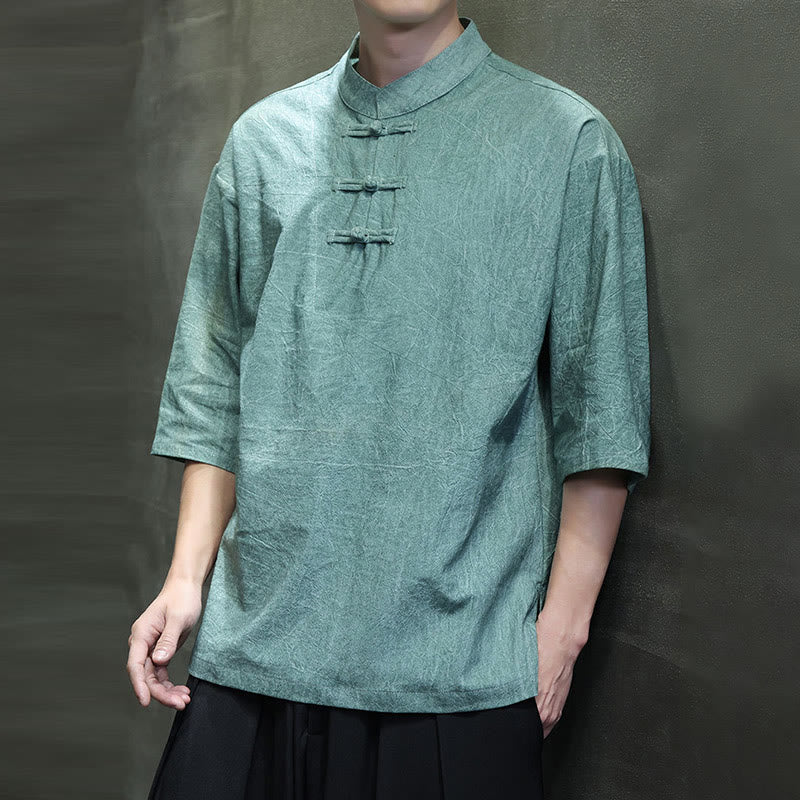 Camicia in cotone e lino a mezza manica con bottoni cinesi a forma di rana da uomo Buddha Stones - Image 12