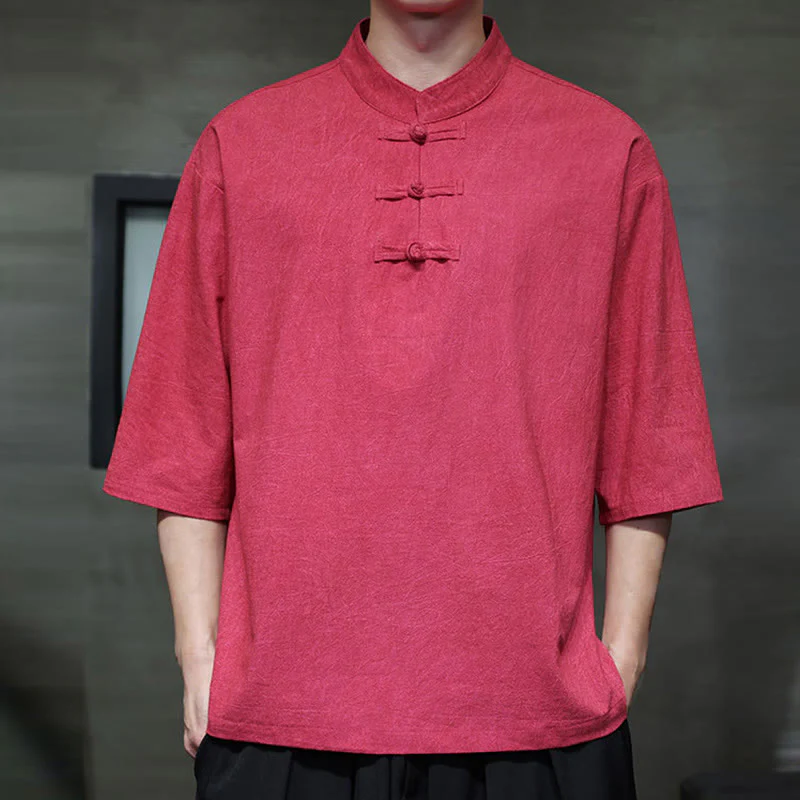 Camicia in cotone e lino a mezza manica con bottoni cinesi a forma di rana da uomo Buddha Stones - Image 14