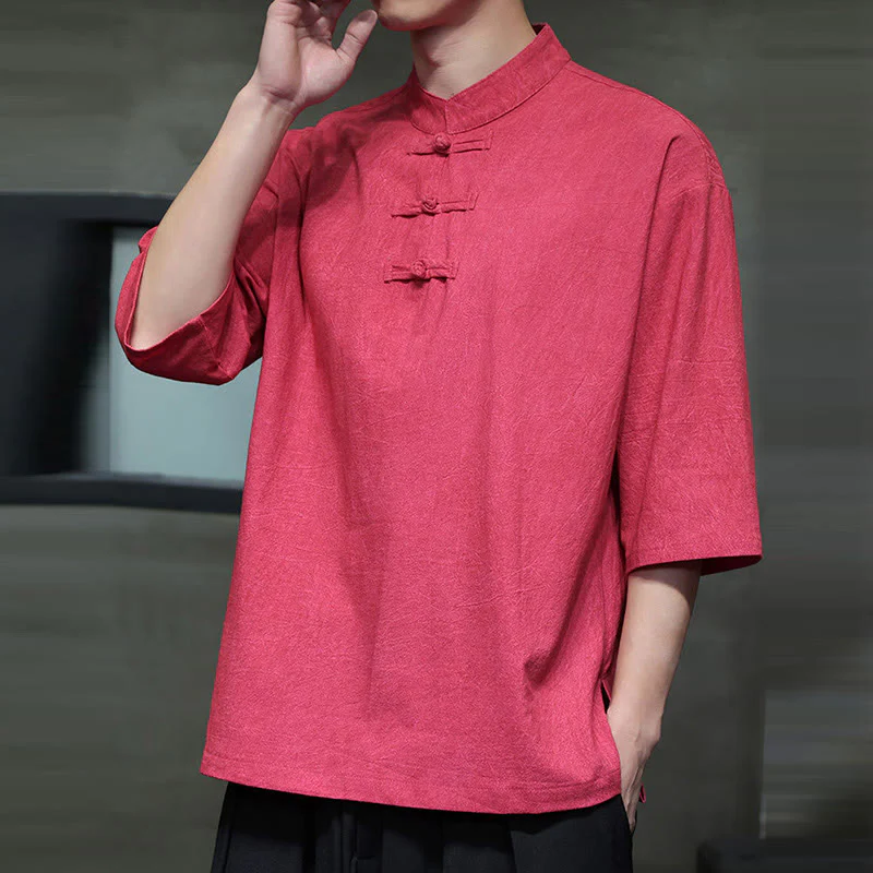 Camicia in cotone e lino a mezza manica con bottoni cinesi a forma di rana da uomo Buddha Stones - Image 18
