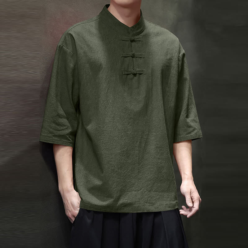 Camicia in cotone e lino a mezza manica con bottoni cinesi a forma di rana da uomo Buddha Stones - Image 2