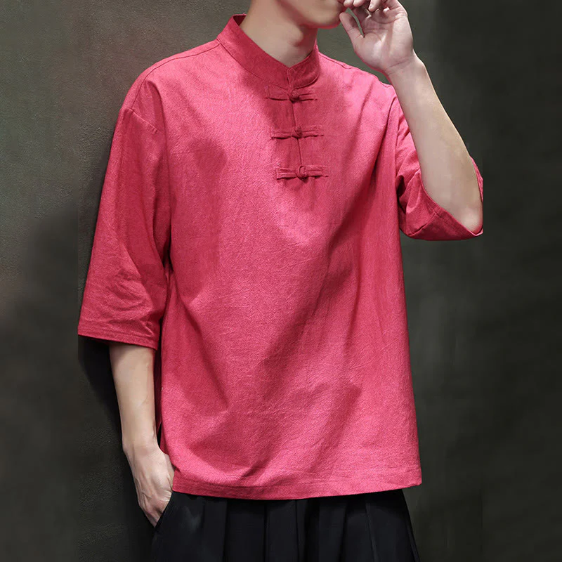 Camicia in cotone e lino a mezza manica con bottoni cinesi a forma di rana da uomo Buddha Stones - Image 20