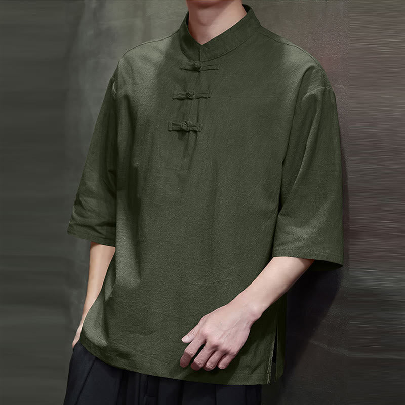 Camicia in cotone e lino a mezza manica con bottoni cinesi a forma di rana da uomo Buddha Stones - Image 4