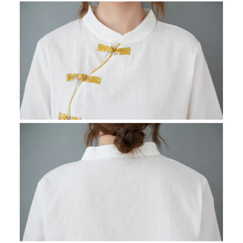 Camicia in cotone e lino a mezza manica con motivo floreale Buddha Stones Frog-Bottone - Image 5