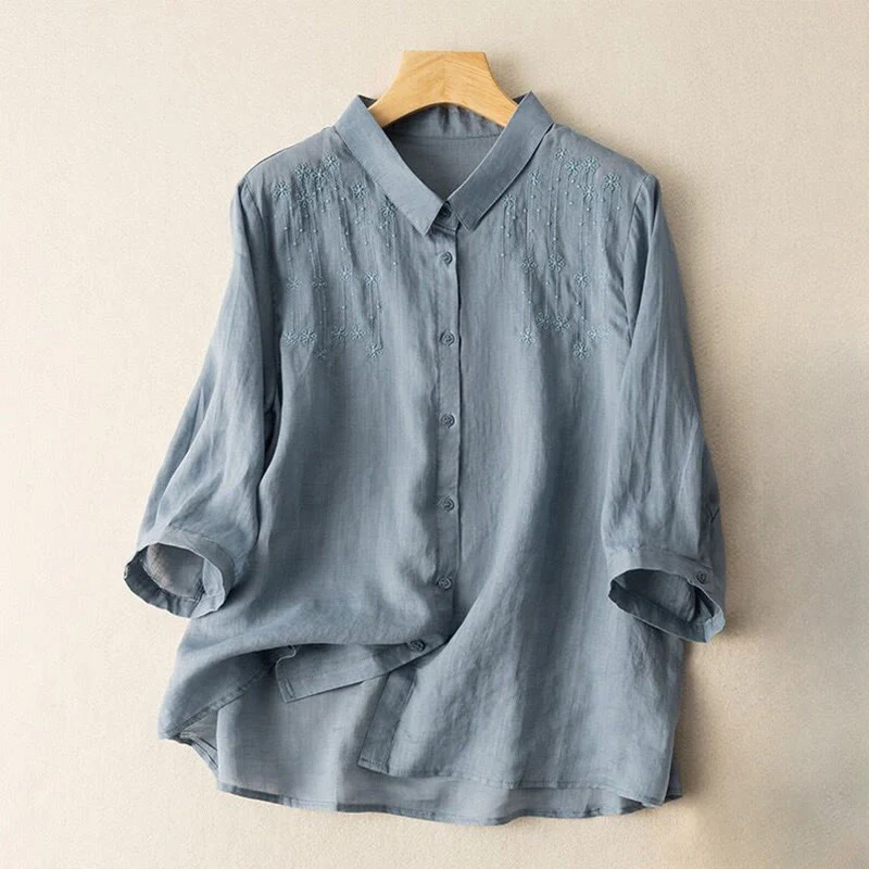 Camicia in cotone e lino con colletto rialzato e maniche corte, casual, da donna, con ricamo Buddha Stones - Image 11