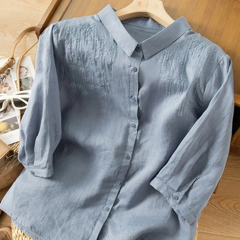 Camicia in cotone e lino con colletto rialzato e maniche corte, casual, da donna, con ricamo Buddha Stones - Image 12