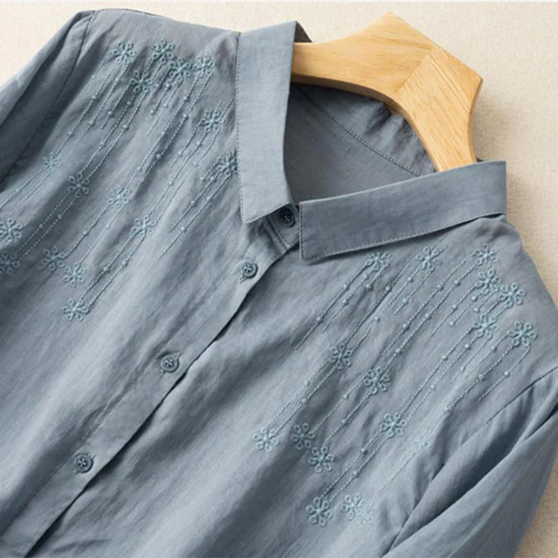 Camicia in cotone e lino con colletto rialzato e maniche corte, casual, da donna, con ricamo Buddha Stones - Image 13