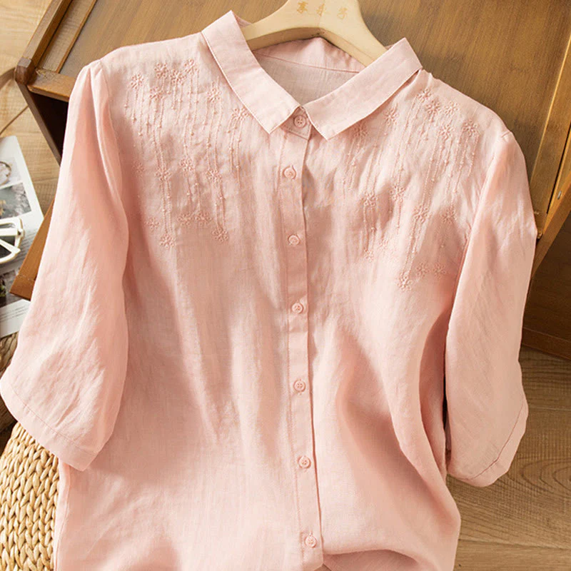 Camicia in cotone e lino con colletto rialzato e maniche corte, casual, da donna, con ricamo Buddha Stones - Image 15