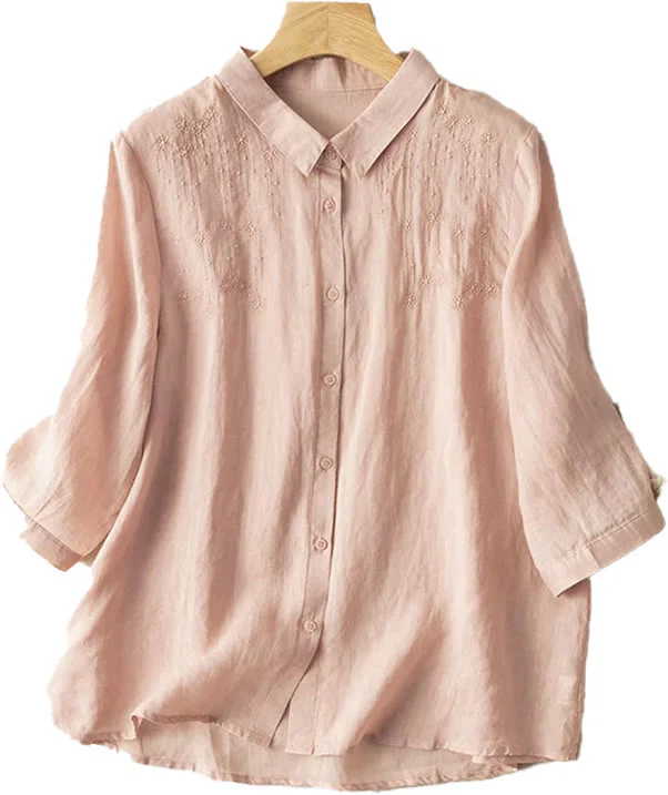Camicia in cotone e lino con colletto rialzato e maniche corte, casual, da donna, con ricamo Buddha Stones - Image 16