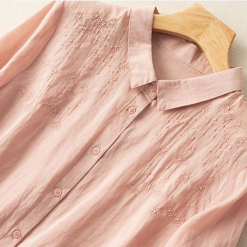 Camicia in cotone e lino con colletto rialzato e maniche corte, casual, da donna, con ricamo Buddha Stones - Image 17
