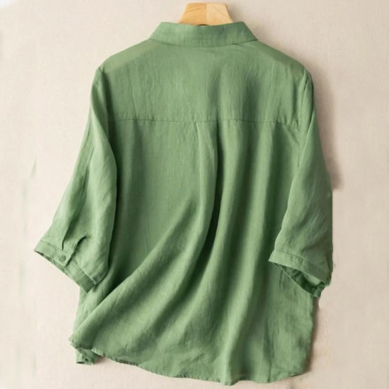 Camicia in cotone e lino con colletto rialzato e maniche corte, casual, da donna, con ricamo Buddha Stones - Image 2