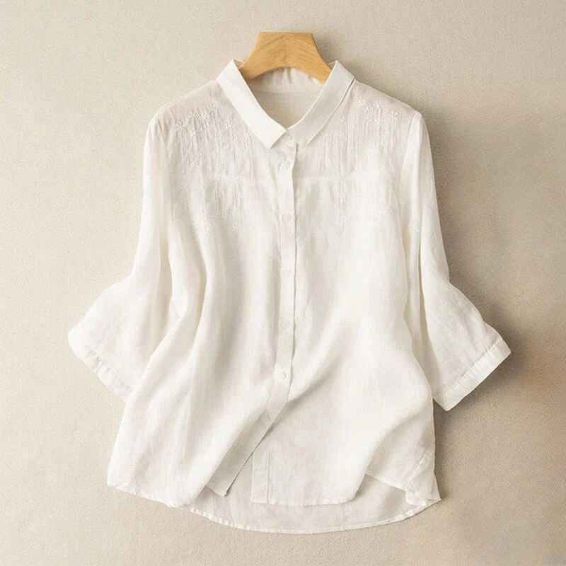 Camicia in cotone e lino con colletto rialzato e maniche corte, casual, da donna, con ricamo Buddha Stones - Image 6