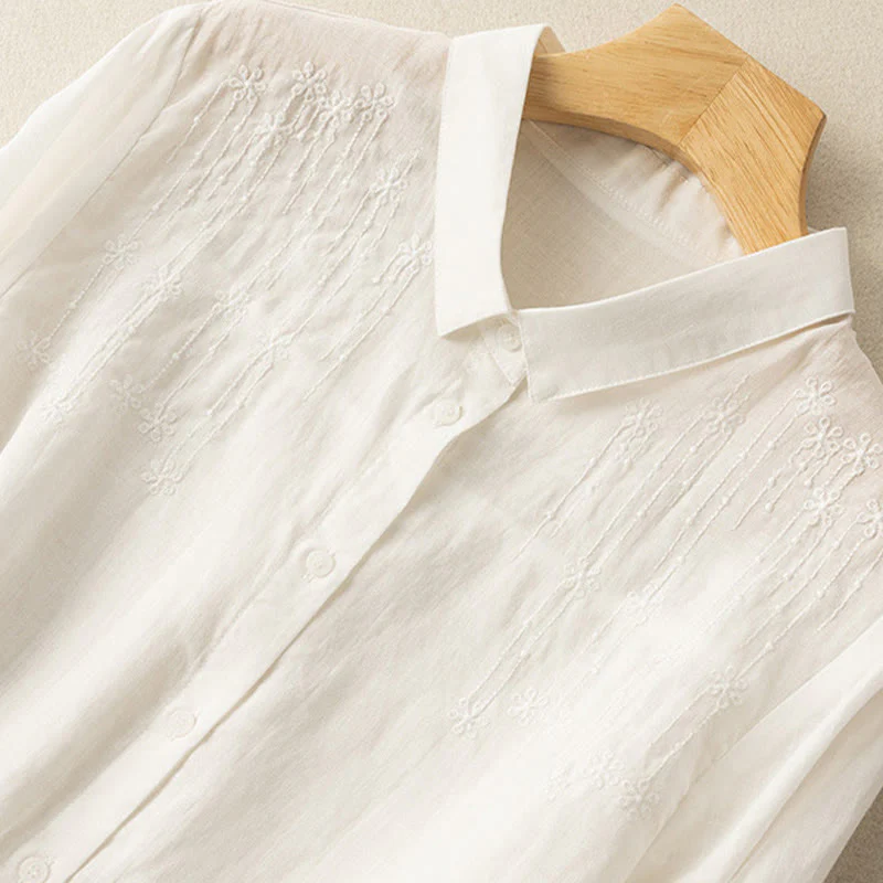 Camicia in cotone e lino con colletto rialzato e maniche corte, casual, da donna, con ricamo Buddha Stones - Image 8