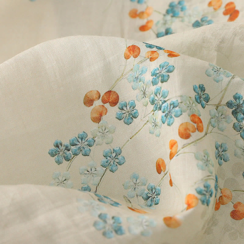 Camicia in cotone e lino con maniche a tre quarti, bottoni a rana, Buddha Stones, fiori blu, foglie arancioni - Image 11
