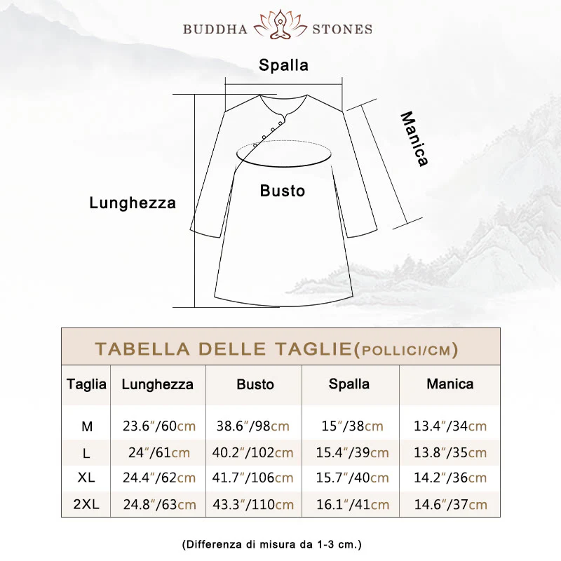 Camicia in cotone e lino con maniche a tre quarti, bottoni a rana, Buddha Stones, fiori blu, foglie arancioni - Image 4