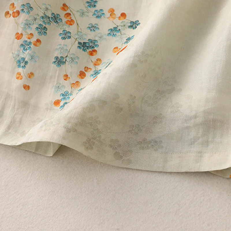 Camicia in cotone e lino con maniche a tre quarti, bottoni a rana, Buddha Stones, fiori blu, foglie arancioni - Image 9