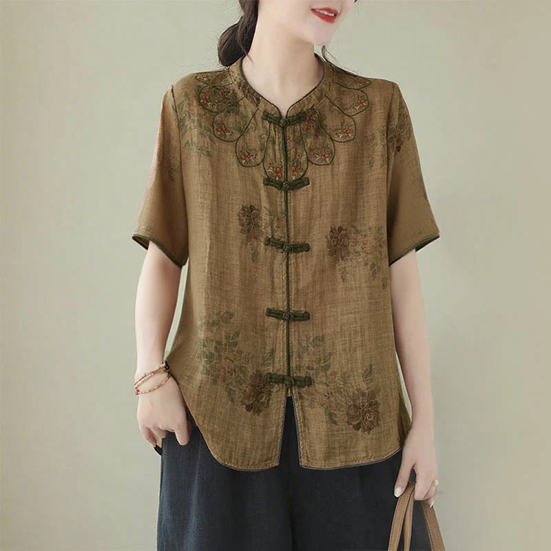 Camicia con stampa di fiori viola e bottoni a forma di rana, motivo Buddha Stones
