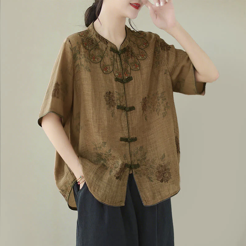 Camicia con stampa di fiori viola e bottoni a forma di rana, motivo Buddha Stones - Image 3