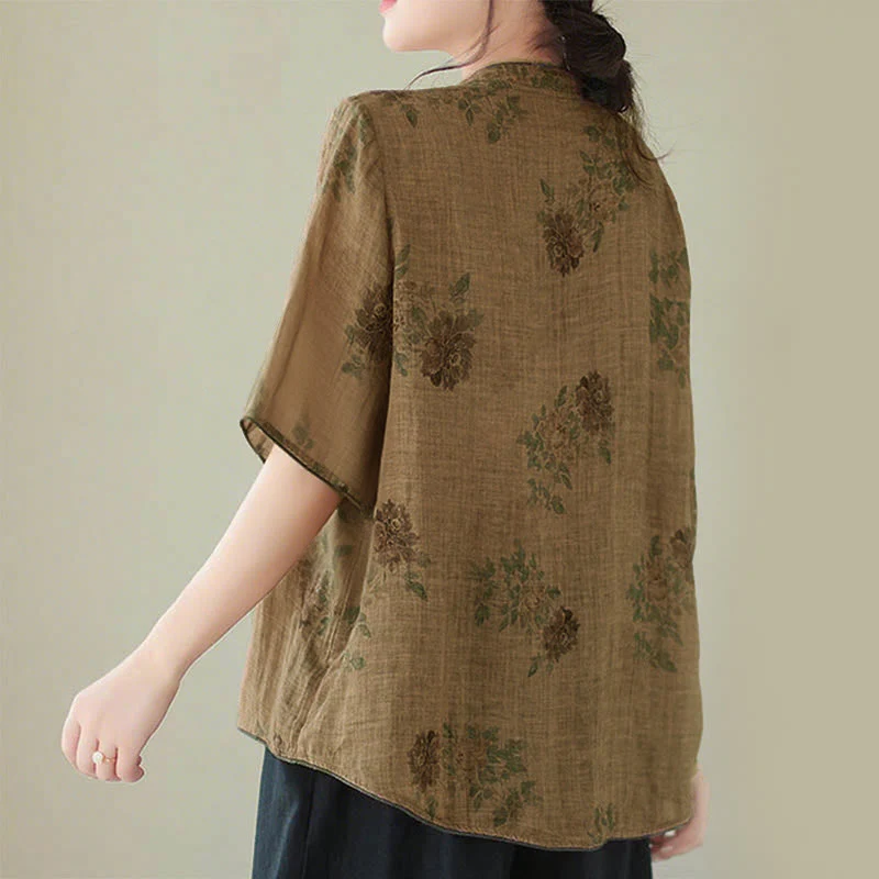 Camicia con stampa di fiori viola e bottoni a forma di rana, motivo Buddha Stones - Image 4