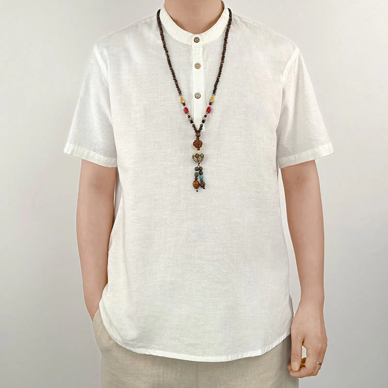 Camicia in lino a maniche corte con bottoni da uomo, tinta unita , Buddha Stones - Image 17