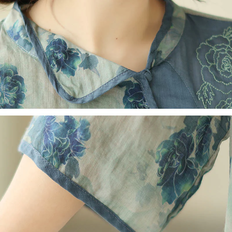 Camicia in lino ramiè con maniche a tre quarti e motivo floreale blu Jacaranda di Buddha Stones, TAGLIA COMODA - Image 11