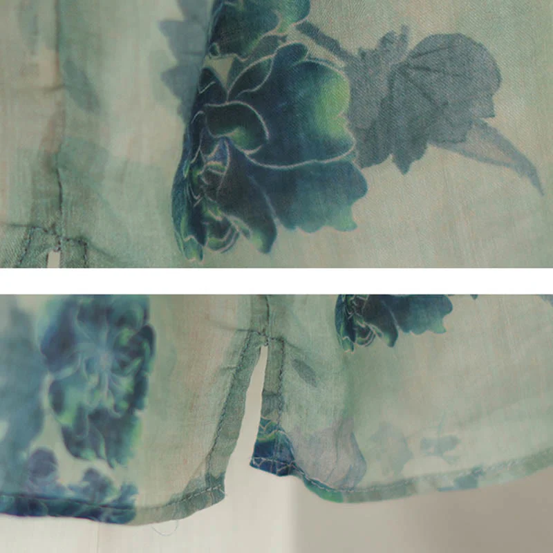 Camicia in lino ramiè con maniche a tre quarti e motivo floreale blu Jacaranda di Buddha Stones, TAGLIA COMODA - Image 12