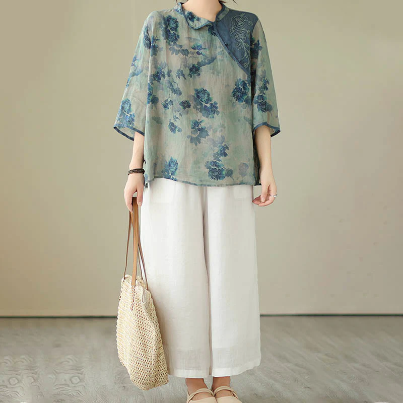 Camicia in lino ramiè con maniche a tre quarti e motivo floreale blu Jacaranda di Buddha Stones, TAGLIA COMODA - Image 14