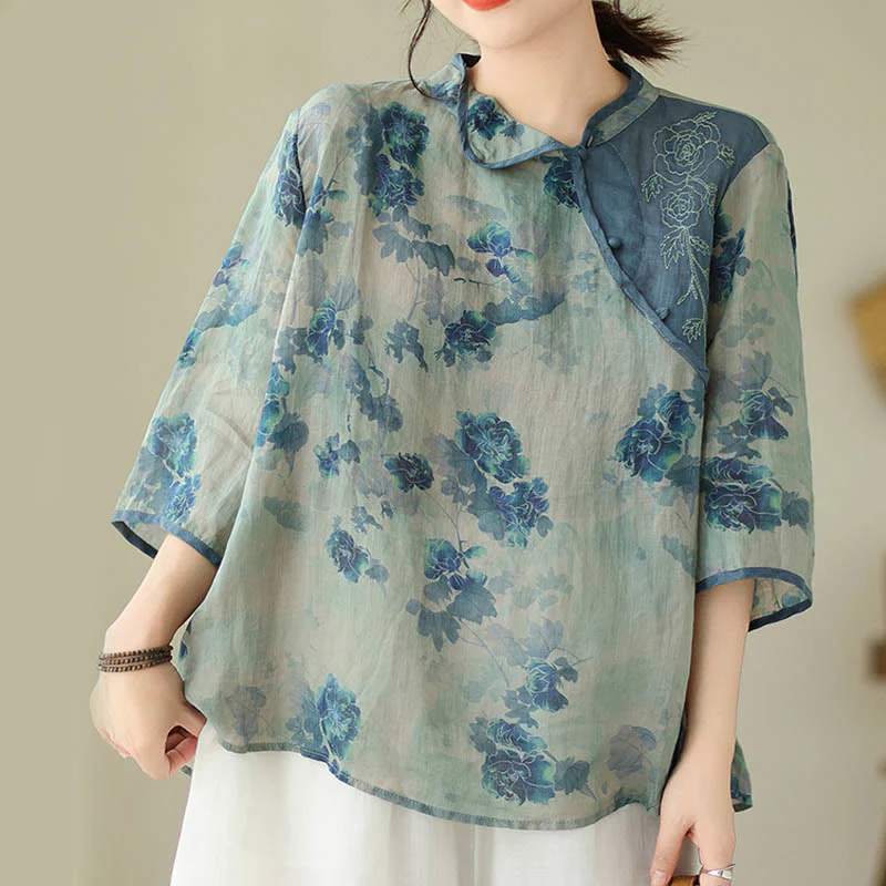 Camicia in lino ramiè con maniche a tre quarti e motivo floreale blu Jacaranda di Buddha Stones, TAGLIA COMODA - Image 8