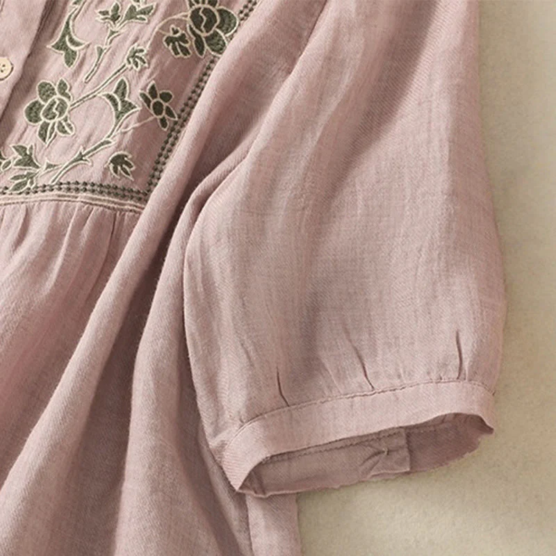 Camicia monopetto da donna in cotone e lino con maniche a tre quarti e ricamo Buddha Stones - Image 16