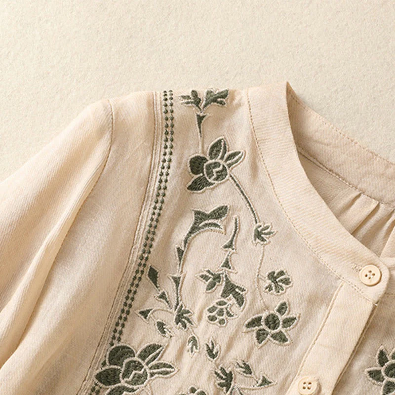 Camicia monopetto da donna in cotone e lino con maniche a tre quarti e ricamo Buddha Stones - Image 22
