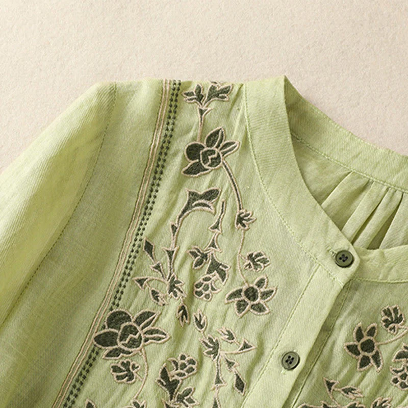 Camicia monopetto da donna in cotone e lino con maniche a tre quarti e ricamo Buddha Stones - Image 3