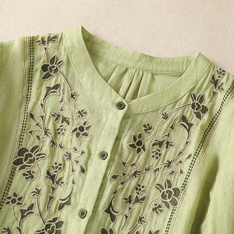 Camicia monopetto da donna in cotone e lino con maniche a tre quarti e ricamo Buddha Stones - Image 4
