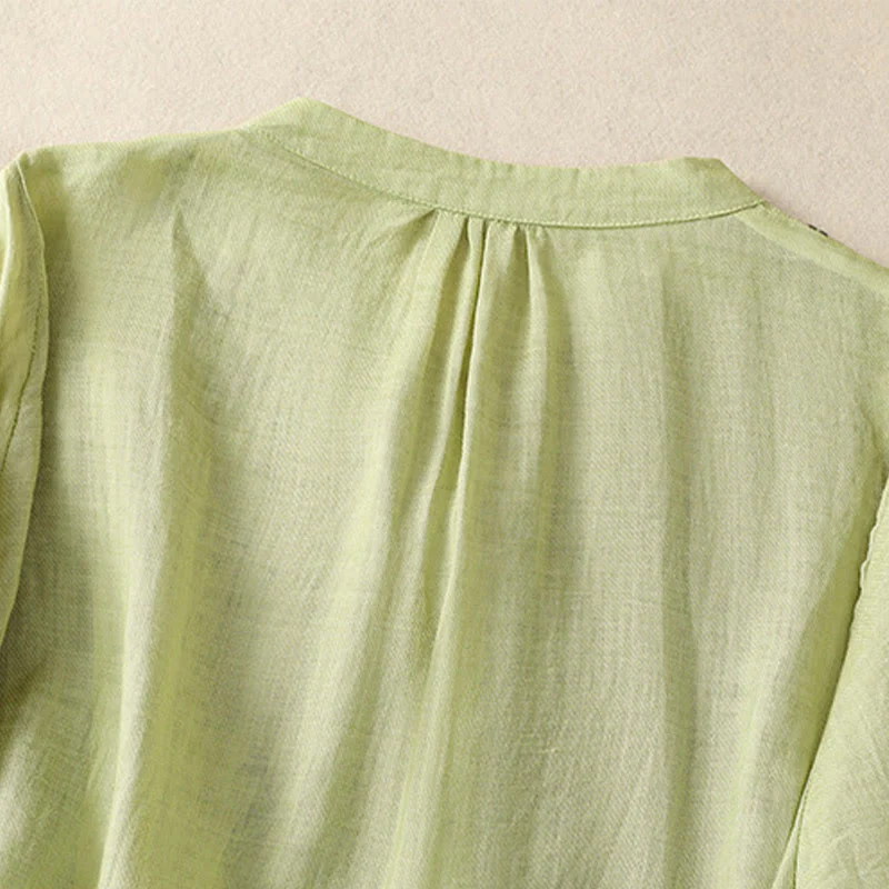 Camicia monopetto da donna in cotone e lino con maniche a tre quarti e ricamo Buddha Stones - Image 5
